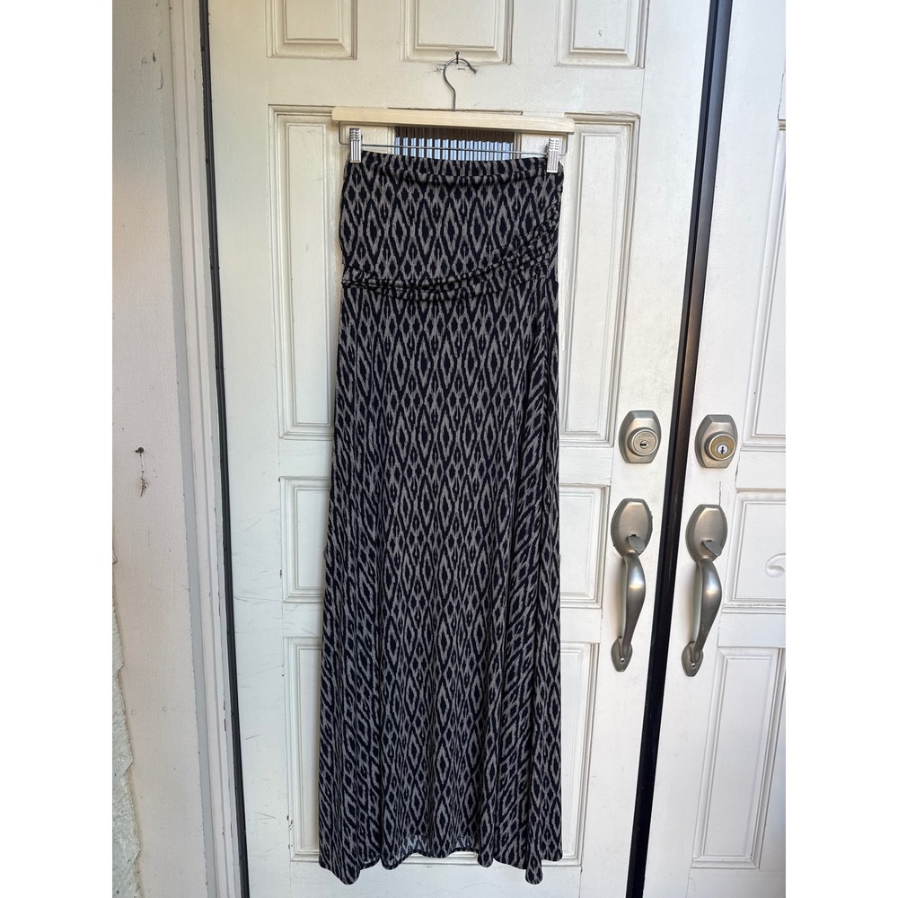 Banana Republic Strapless Maxi Dress Black Tan Ikat Diamond Ruched Size Medium